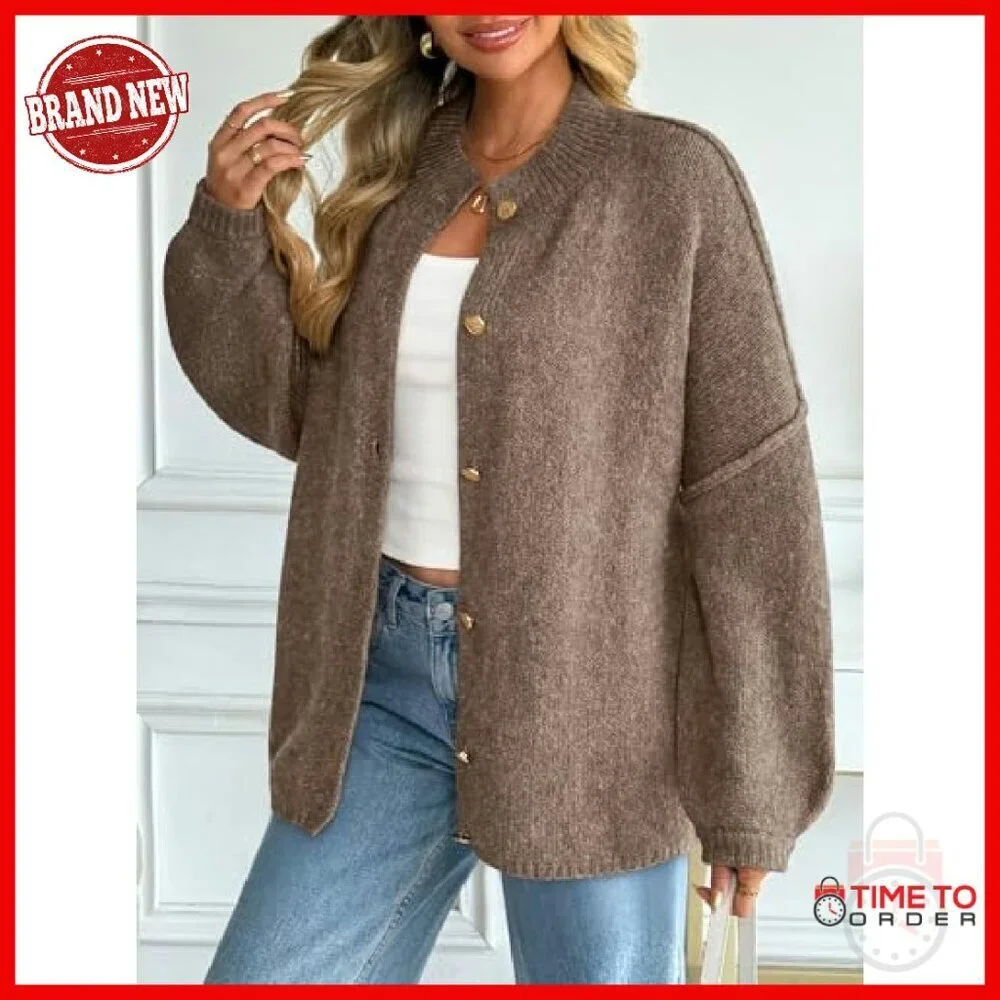 Oversized Chunky Knit Cardigan Lantern Sleeves Button Down Cozy